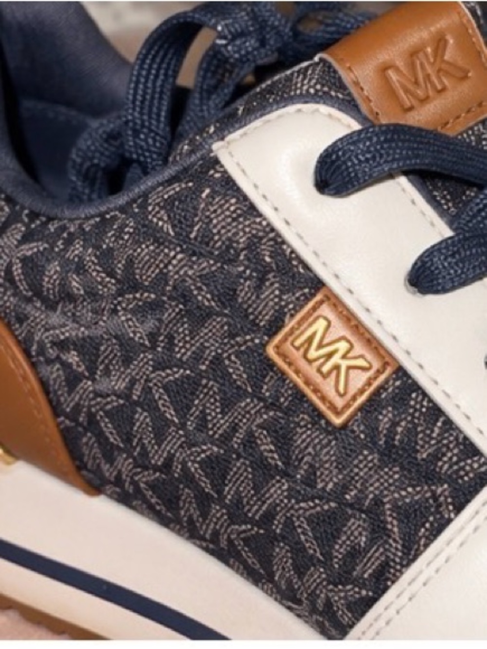 Michael Kors Navy Logo-Print Sneakers with Tan and White Accents